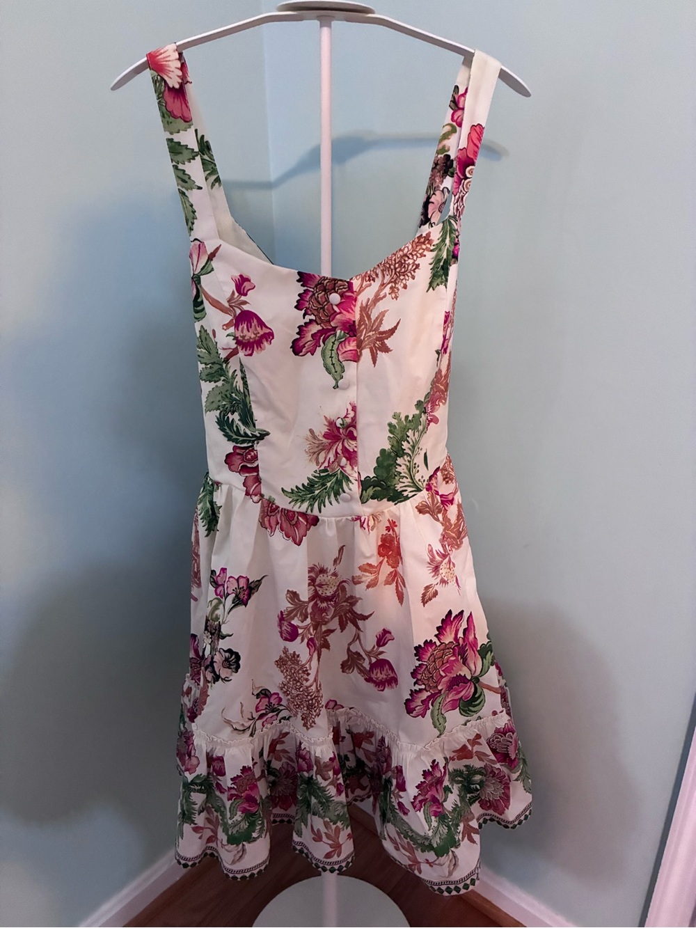NWT Caroline Constas White Floral Belted Mini Dress With Pink & Green Accents